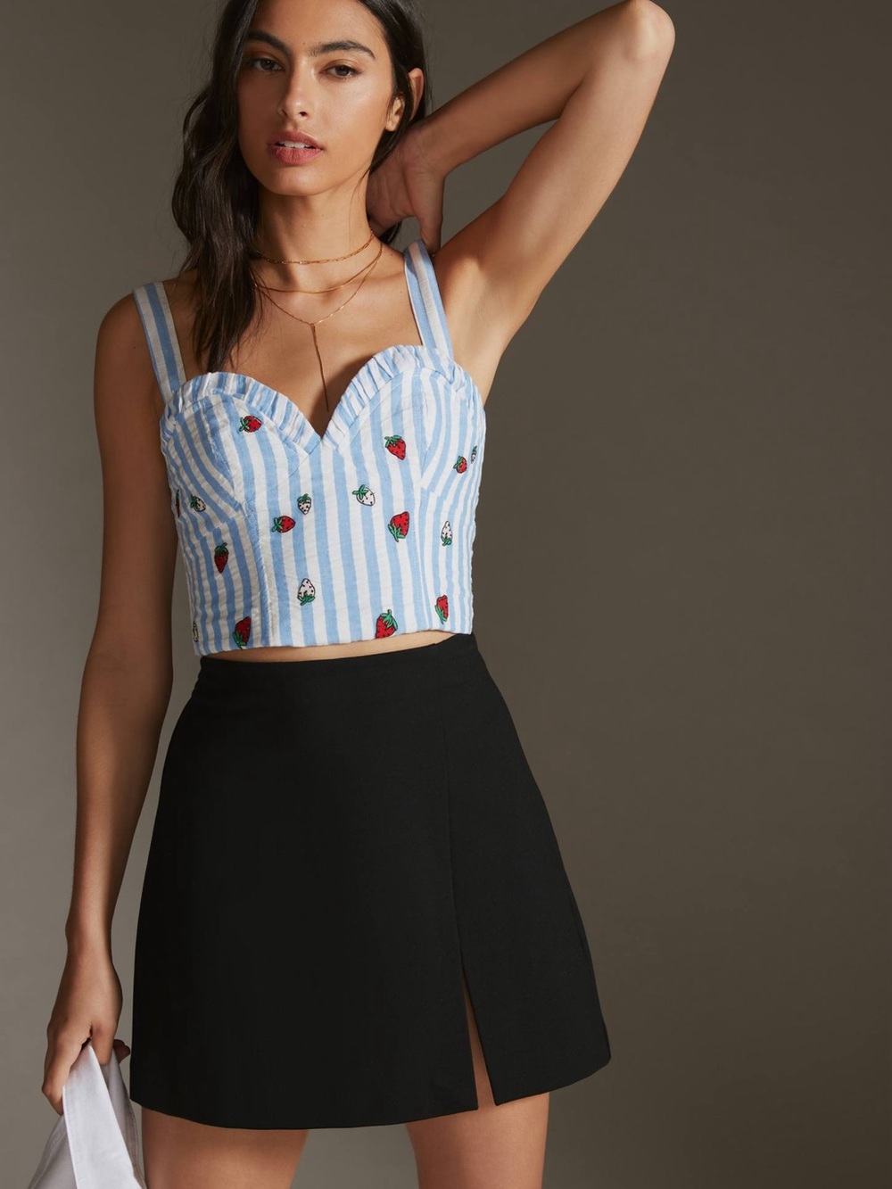 Maeve Blue & White Striped Strawberry Bustier Crop Top